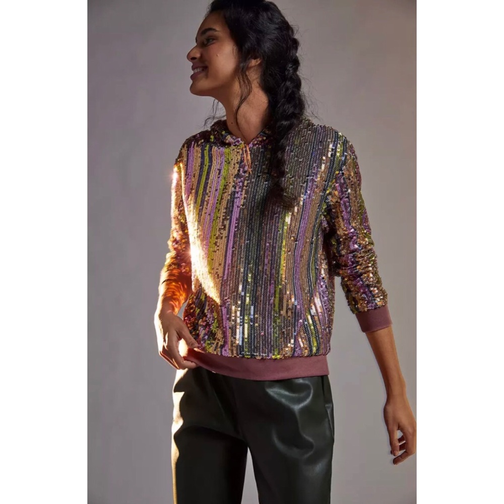 Anthropologie Lydia Sequin Hoodie  Pullover Top, Sz S,
